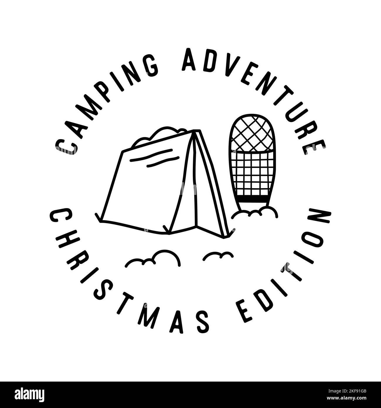 Mountain Camping christmas badge design with tent in line art style and