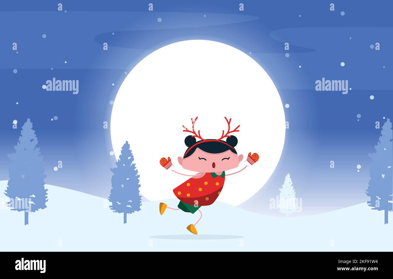 Happy Kid Child Girl Dancing Skating on Snow Winter Christmas Illustration Stock Vector