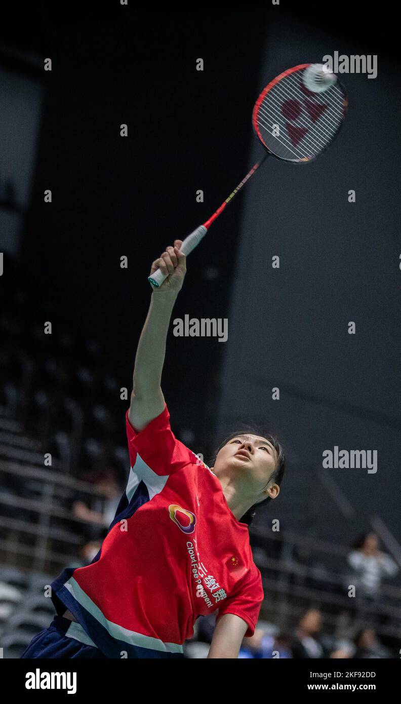 Sydney, Australia. 17th Nov, 2022. Han Yue of China competes during women's singles 2nd round match against Hsuan-Yu Wendy Chen of Australia at the BWF Australian Open 2022 in Sydney, Australia, Nov. 17, 2022. Credit: Hu Jingchen/Xinhua/Alamy Live News Stock Photo