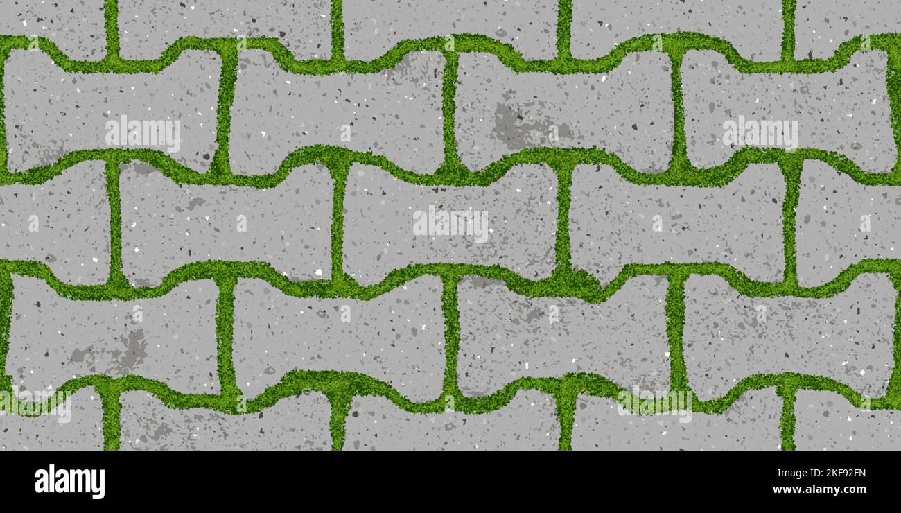 Seamless pattern of old pavement with moss and dumble interlocking textured bricks Stock Vector
