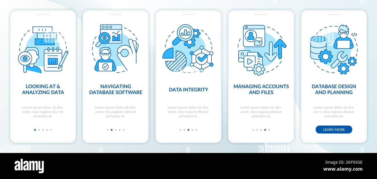 Data governance skills blue onboarding mobile app screen Stock Vector