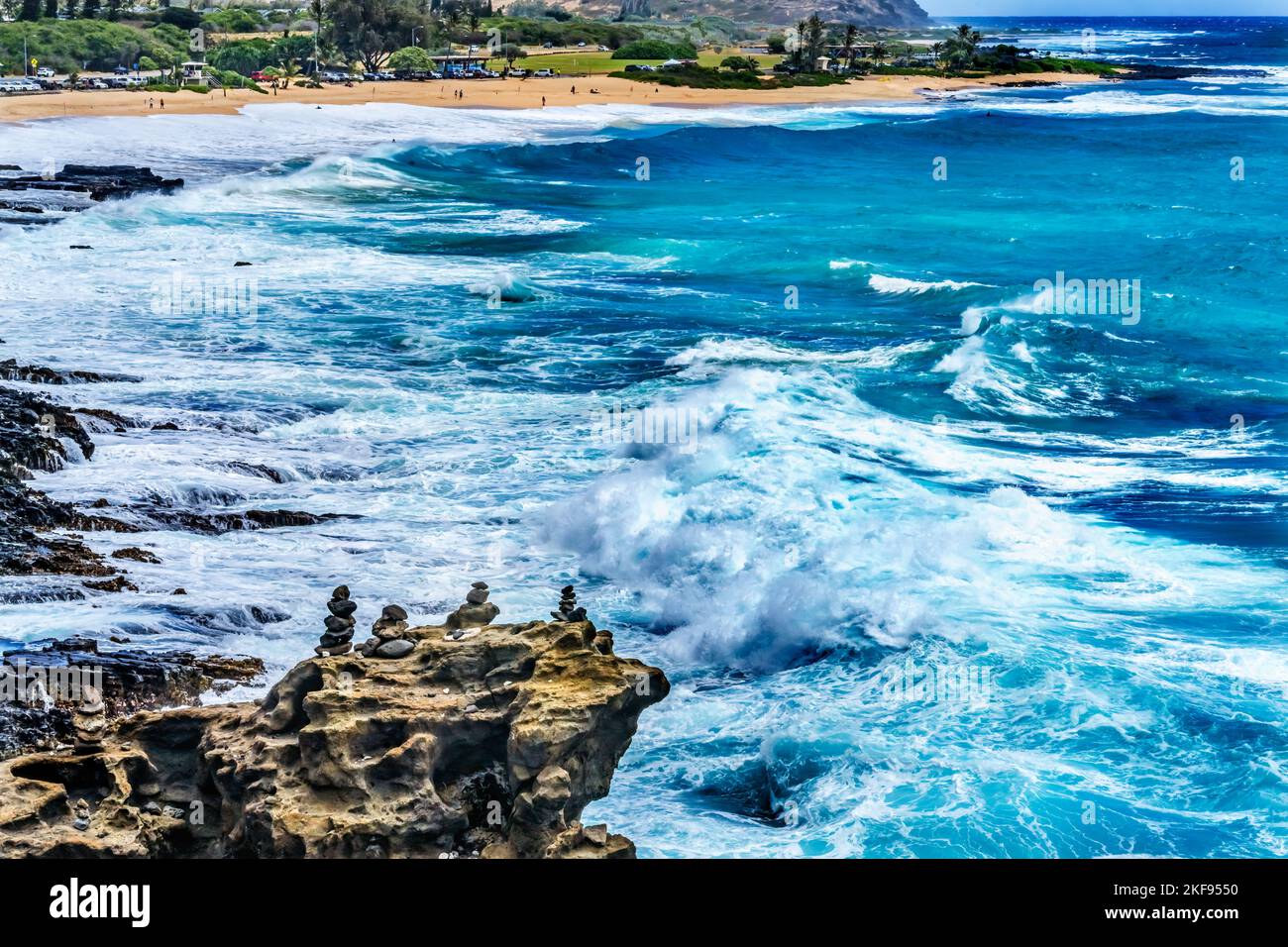 Colorful Cairns Rock Piles Ocean Sandy Beach Honolulu Oahu Hawaii