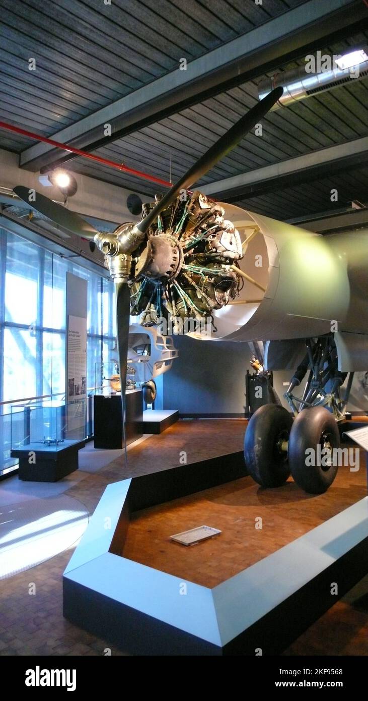 Propeller radial engine Airplane in Museum spot Stock Photo
