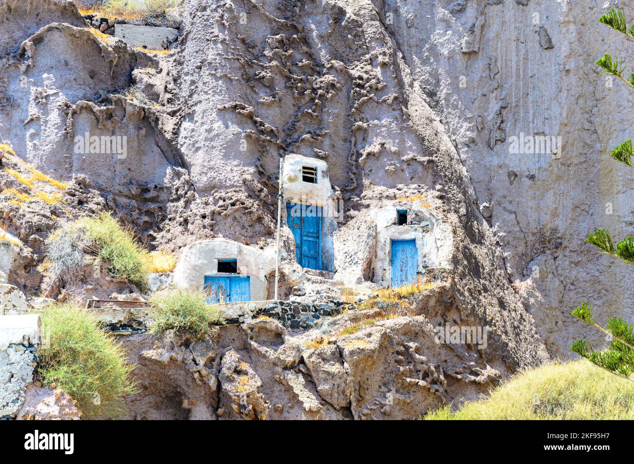 Traditional cave houses in the port of Fira, Santorini, Greece Stock