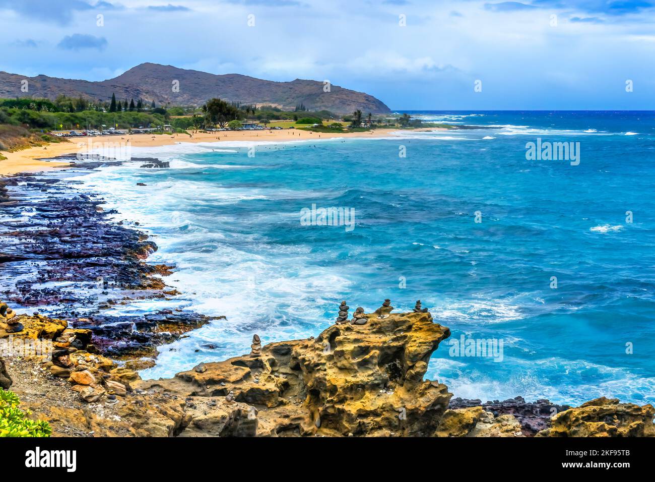 Colorful Cairns Rock Piles Ocean Sandy Beach Honolulu Oahu Hawaii