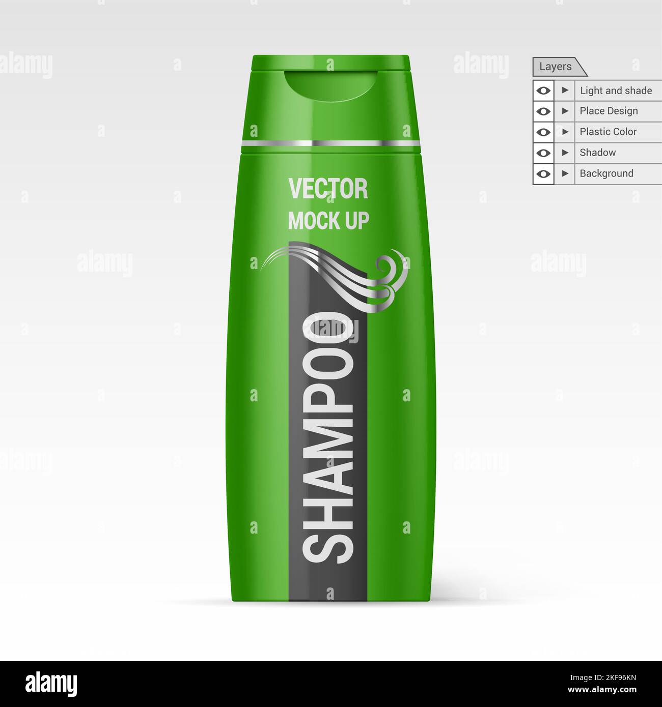 Green Bottle Shampoo Isolated on White Background. Vector Layers Mock