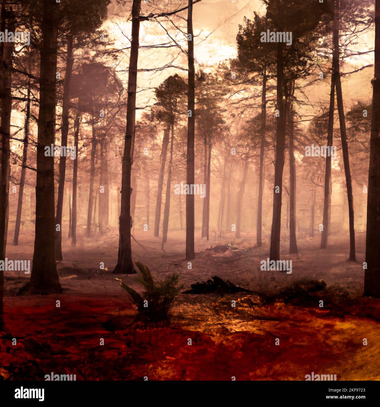 France, Paris on 2022-11-06. Digital illustration of a mega forest fire caused by the drought and heatwave generated by climate change. Image created Stock Photo