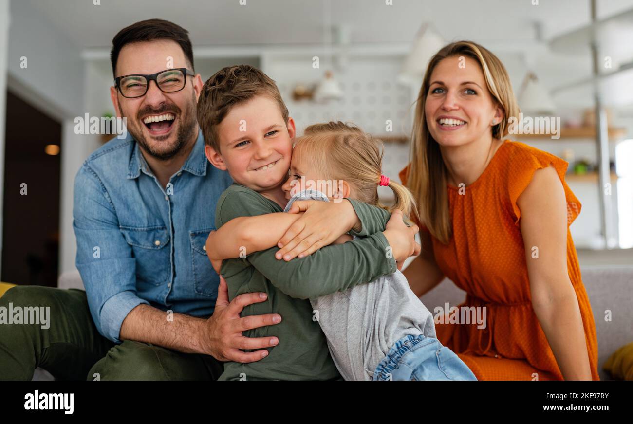 Happy family having fun and spending time together at home Stock Photo