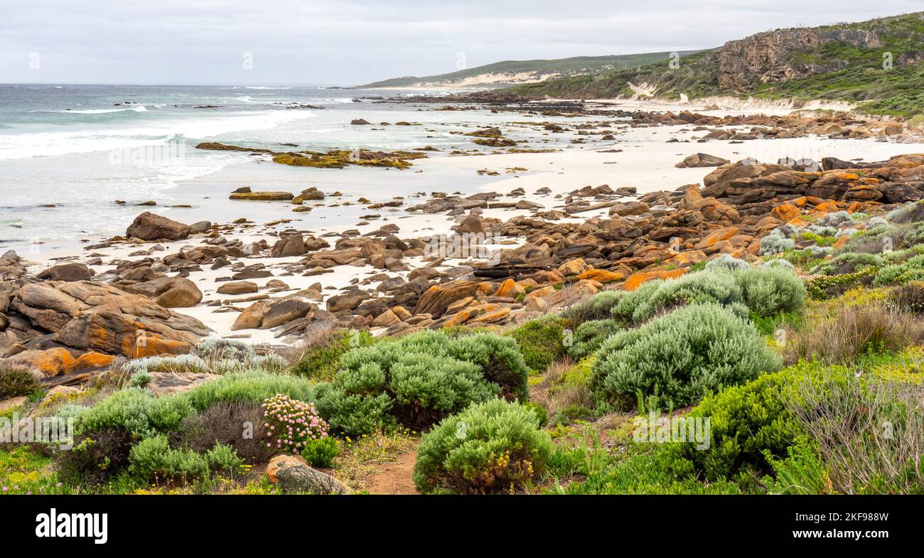 Granite rocks scattered on the beach at kilcarnup Beach Margaret River Leeuwin-Naturaliste National Park Western Australia. Stock Photo