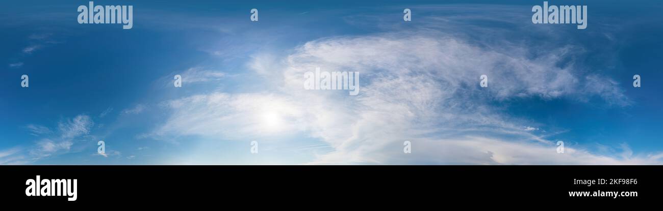 Blue sky panorama with Cirrus clouds. Seamless hdr 360 degree pano in spherical equirectangular format. Sky dome or zenith for 3D visualization, game Stock Photo