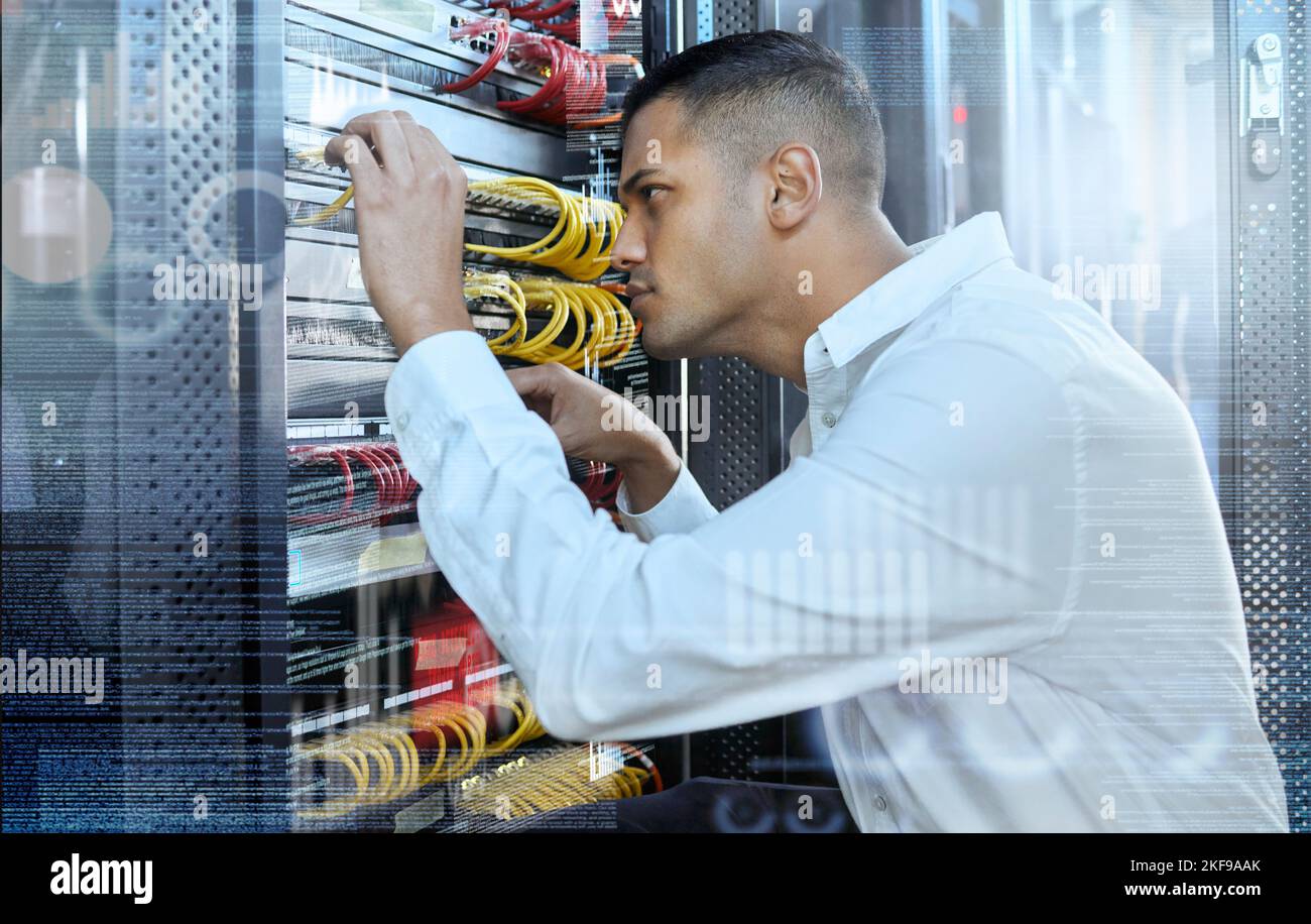 Data center, IT technician and man in server room for 404 error, glitch and cybersecurity with cables for motherboard maintenance and assessment Stock Photo