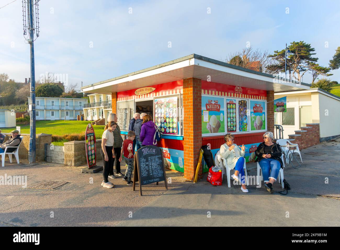 Snack bar selling ice cream, drinks and snacks on seafront, Felixstowe,  Suffolk, England, UK Stock Photo
