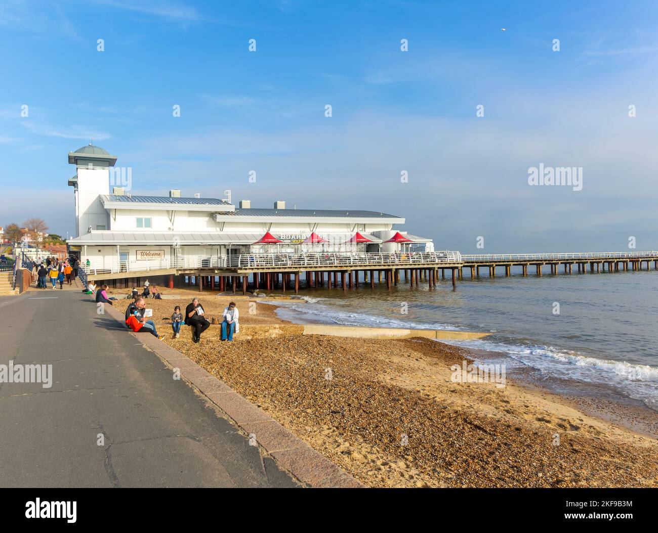 Sandy beach and pier on seafront, Felixstowe, Suffolk, England, UK Stock Photo