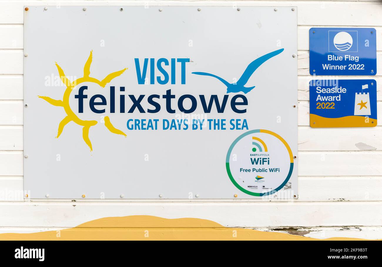 Visit Felixstowe tourism campaign poster on beach hut, Felixstowe, Suffolk, England, UK Great Days by the Sea Stock Photo