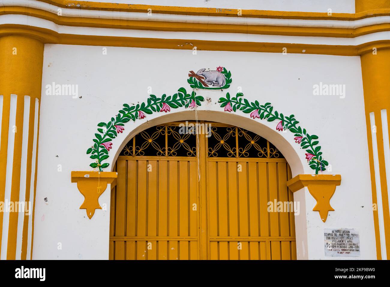 Decoration over the door of the colonial Church of San Miguel the Archeangel in San Miguel Suchixtepec,  Oaxaca, Mexico. Stock Photo