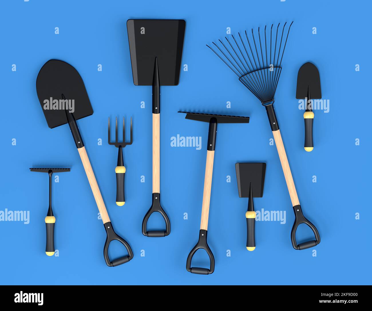 Garden shovel, pitchfork and rake on blue background. 3d render of ...