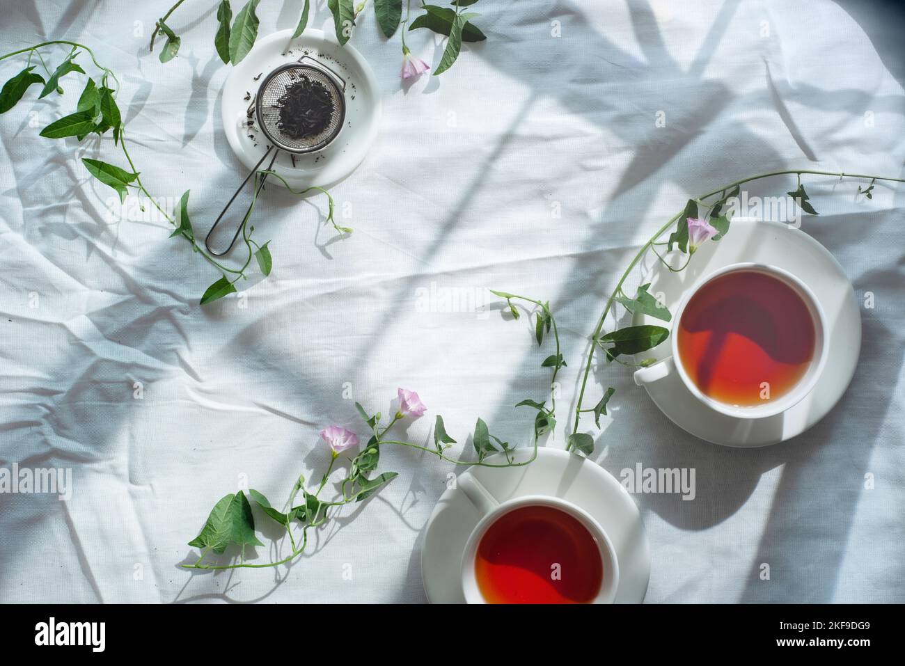 Spring teatime, rustic flatlay, tea cups from above on a wrinkled cloth background with copy space Stock Photo