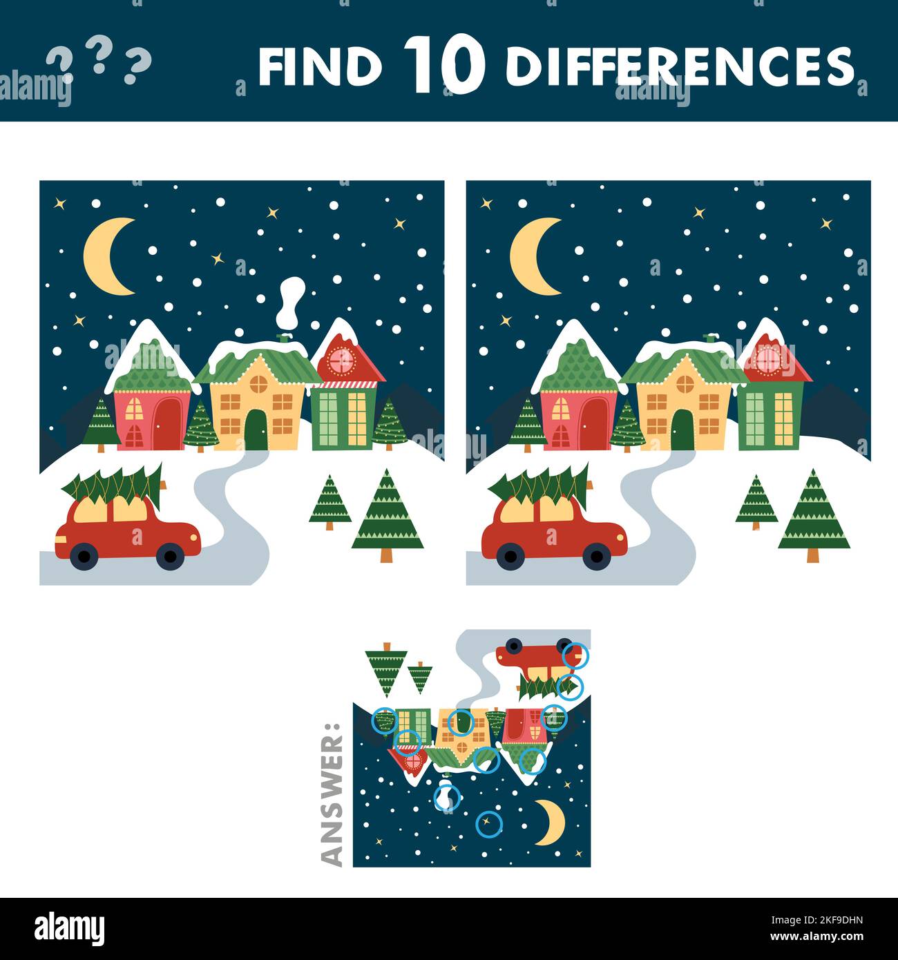Kids game find ten differences. Vector cartoon Christmas houses and car
