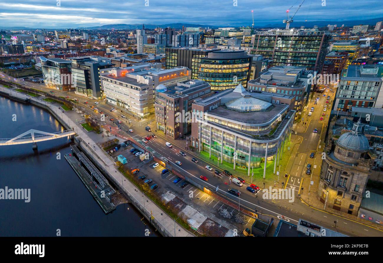 Aerial view from drone at dusk of skyline of Glasgow and River Clyde at Broomielaw and Atlantic Quay, Scotland, UK Stock Photo