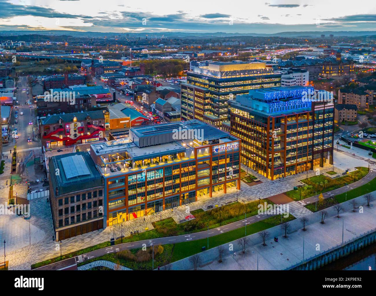 Aerial view from drone at dusk of Barclays technology campus in Tradeston, Glasgow,  Scotland, UK Stock Photo