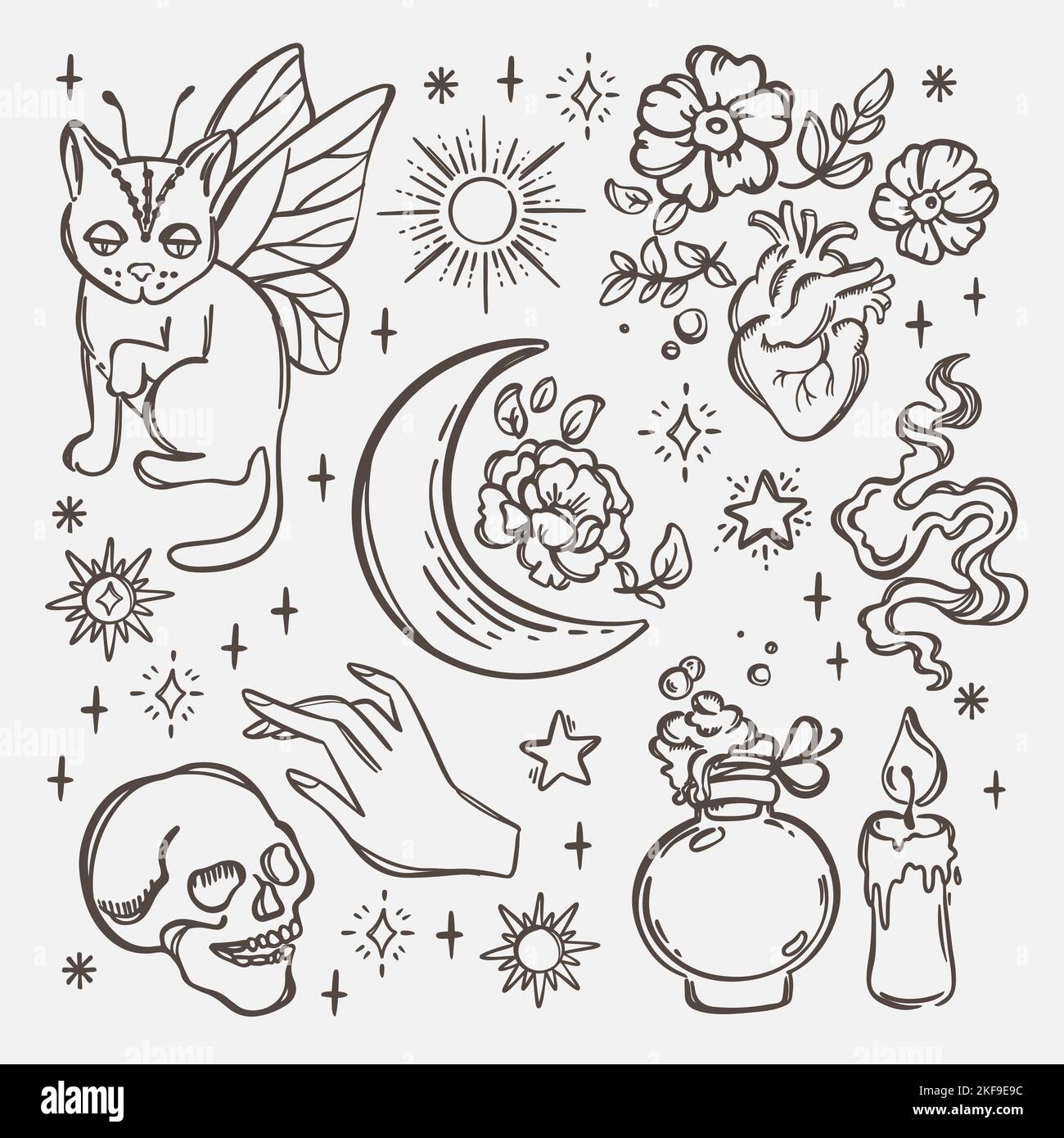 ASTROLOGICAL SYMBOLS Monochrome Hand Drawn Objects Sketch Alchemic Astrologic And Occult Celestial Collection Magical Accessories Cartoon Vector Illus Stock Vector