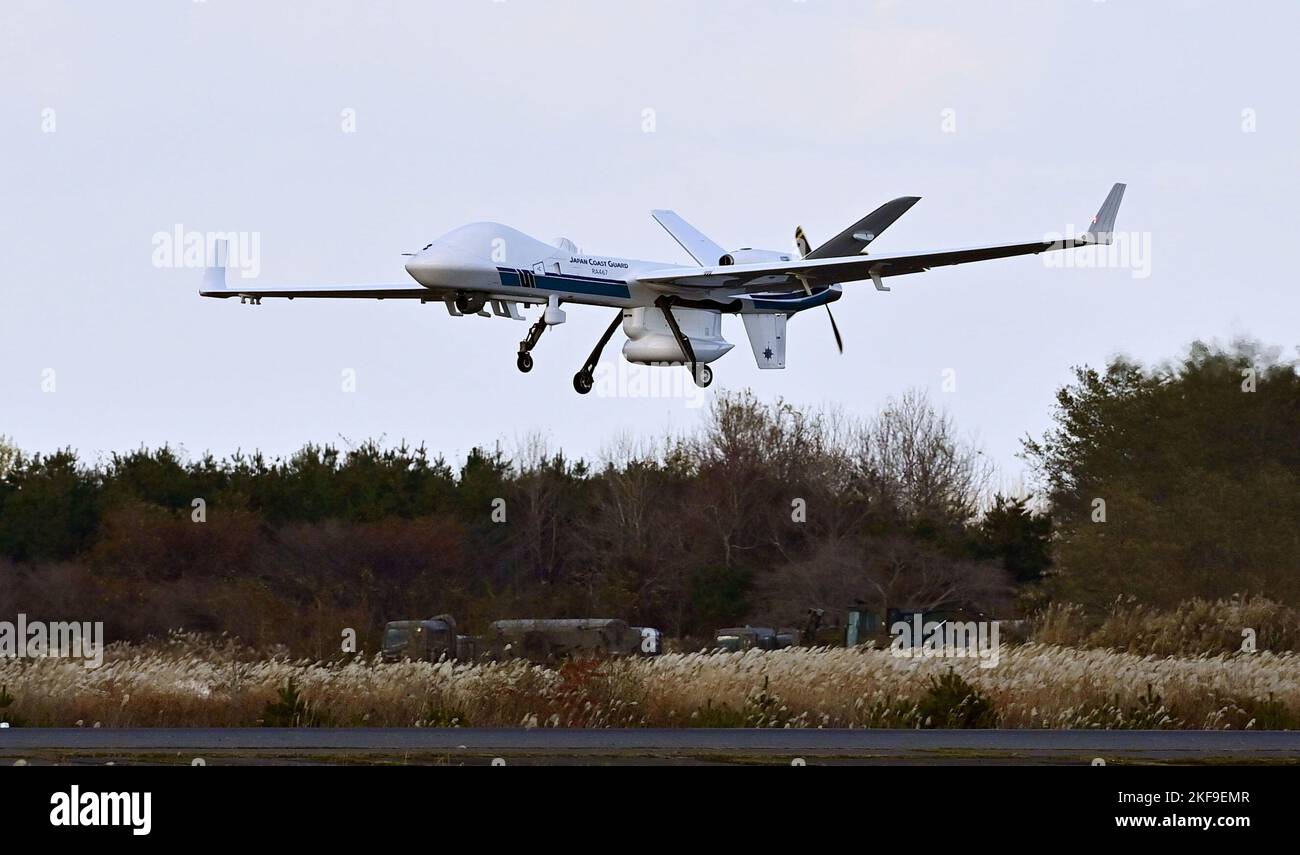 The Japan Coast Guard unveils its unmanned aerial vehicle MQ-9B SeaGuardian  to the media at the Japan Maritime Self-Defense Force's Hachinohe air base  in Aomori Prefecture, northeastern Japan, on Nov. 17, 2022.