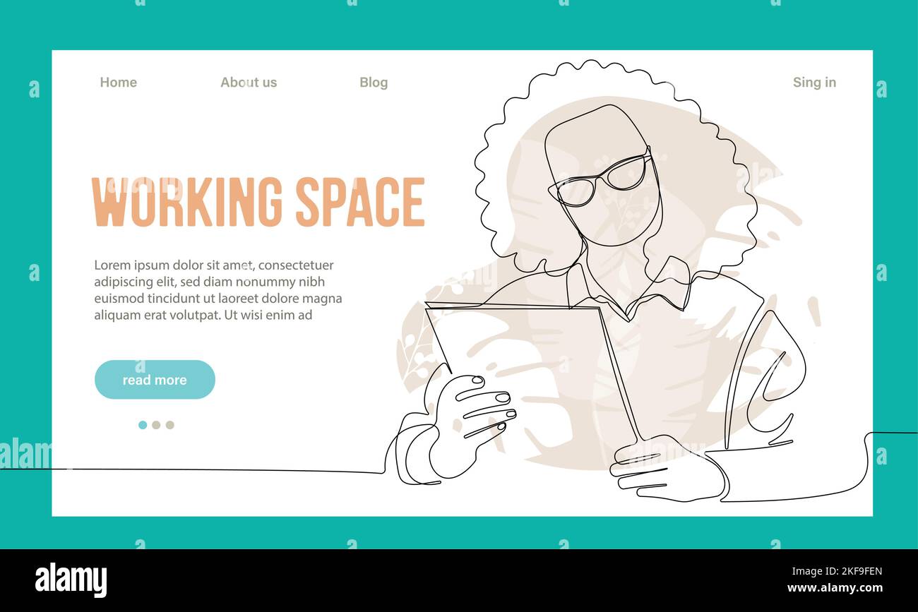 Coworking Space Landing Page Cartoon Template. Freelancers Team Working Online on Laptop. Business People Sharing Open Workspace. Outline Vector Illustration Stock Vector