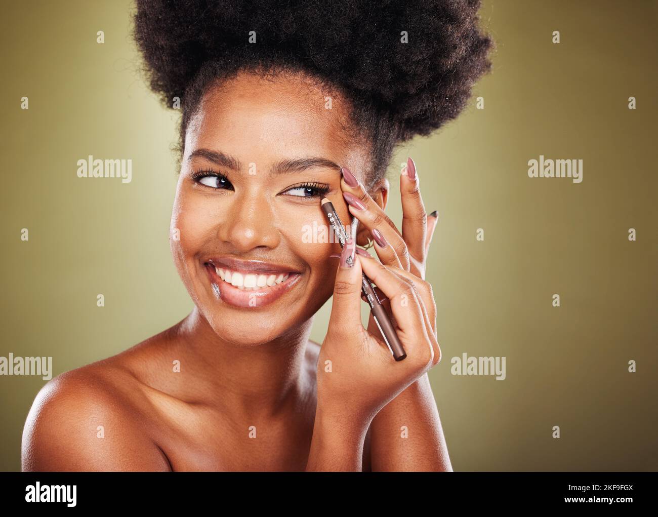 Black woman, makeup and eyeliner eye pencil for cosmetics beauty