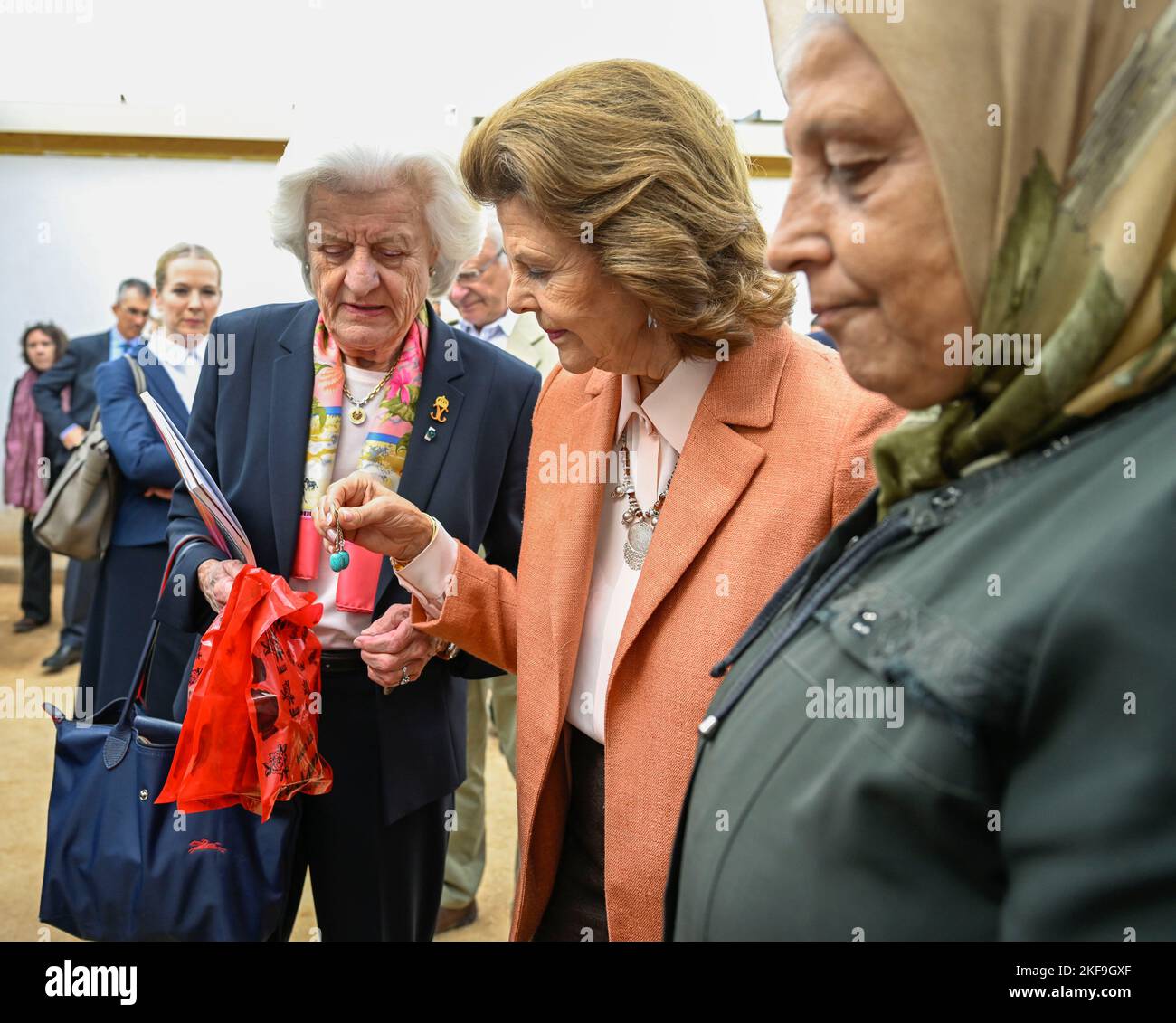 H.M. Queen Silvia buys earrings and then hands them over to her lady-in  waiting, Christina von Schwerin, in Zaatari Refugee Camp, Jordan, November  17 Stock Photo - Alamy