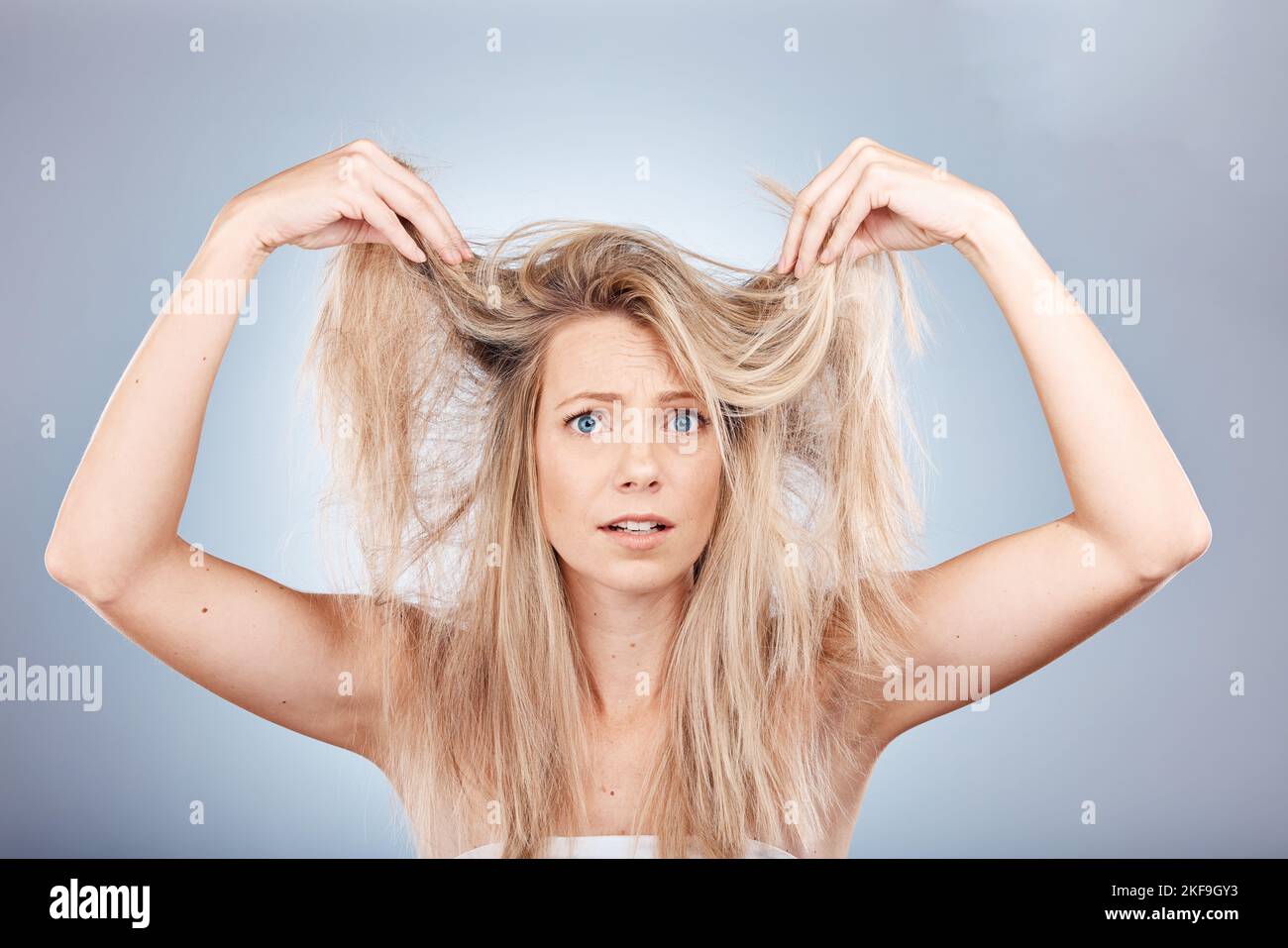Hair, portrait and woman in studio for hair care, problem and fail or hair loss against grey background. Confused, girl and model with split ends, dry Stock Photo