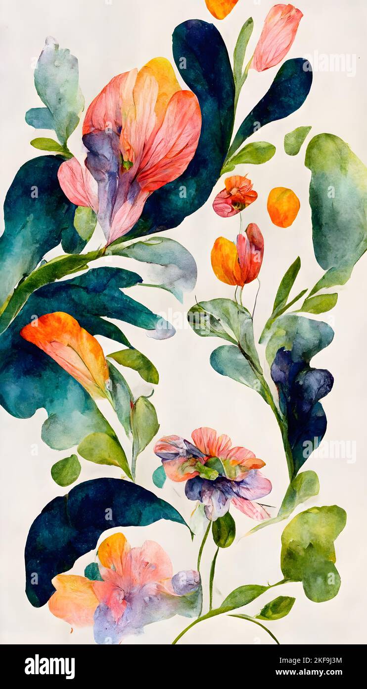 A beautiful hand painted multicolor spring florals and plants Stock Photo