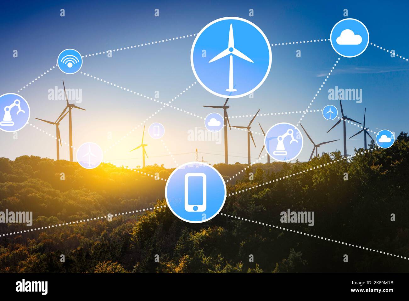 Renewable energy and Internet of Things. Smart green wind energy factory. Smart grid future concept. Stock Photo