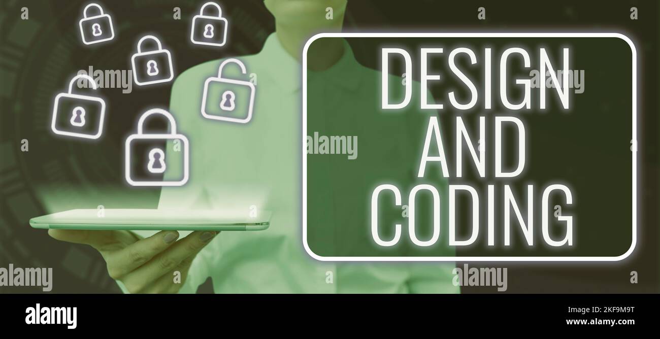 Hand writing sign Design And Coding. Business idea HTML and programming, Cross platform development website Stock Photo