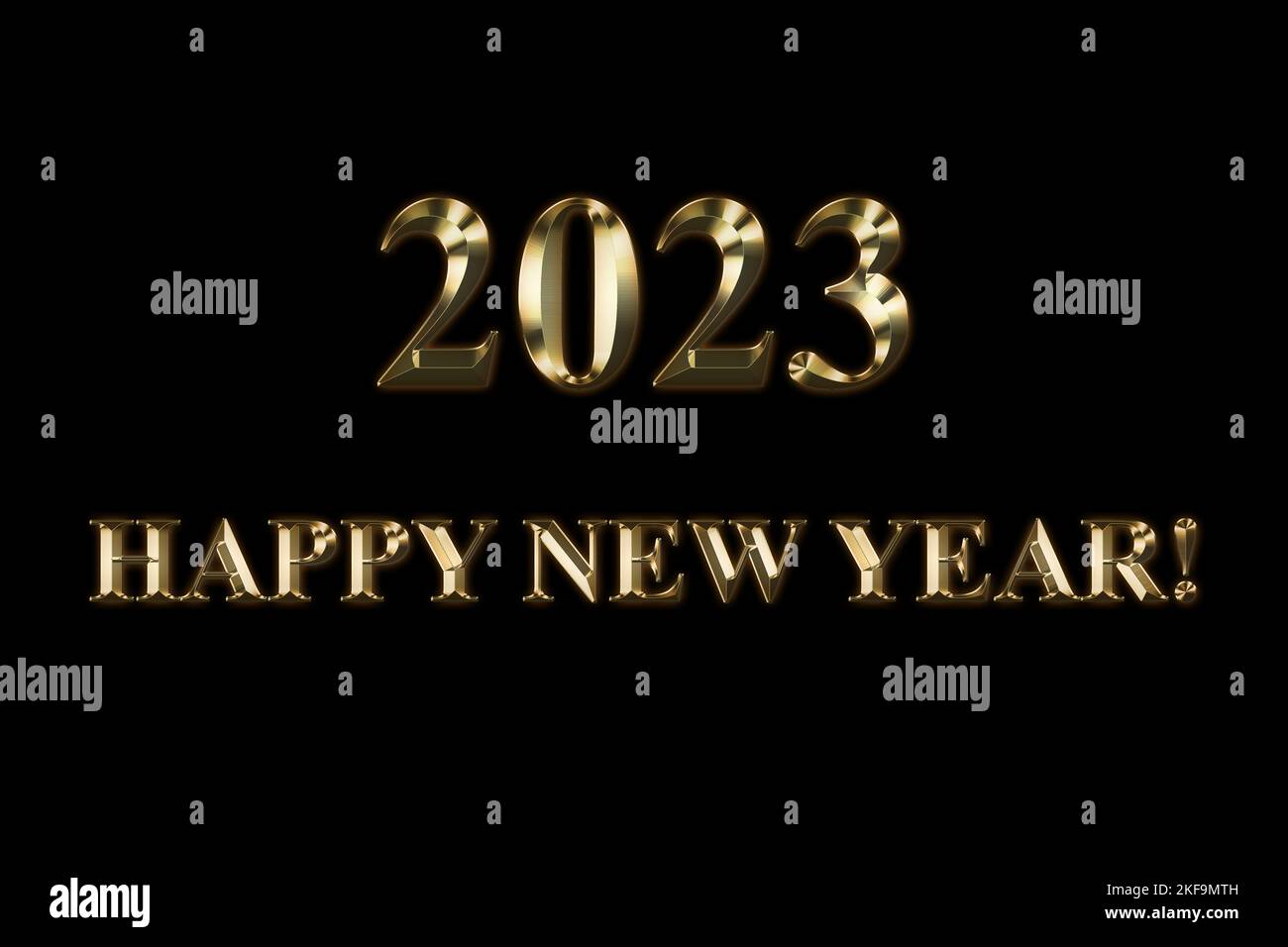 2023 Happy New Year, font isolated on black background. Gold text design. Dark greeting card, illustration with golden numbers and words. Congratulati Stock Photo