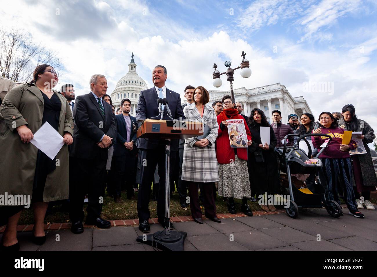 Washington, United States. 16th Nov, 2022. Senator Alex Padilla (D-CA) speaks at a press conference on legislation to make the Deferred Action for Childhood Arrivals Act permanent. The press conference comes in the wake of a recent US Circuit Court decision ruling the program illegal. DACA allows undocumented people brought to the country as children to study and work in the US. (Photo by Allison Bailey/SOPA Images/Sipa USA) Credit: Sipa USA/Alamy Live News Stock Photo