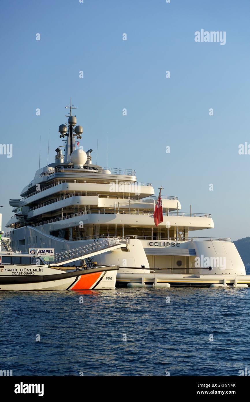 Marmaris, Turkey - November 14, 2022: Eclipse yacht of Russian oligarch Roman Abramovich in the Turkish port of Marmaris. High quality photo Stock Photo