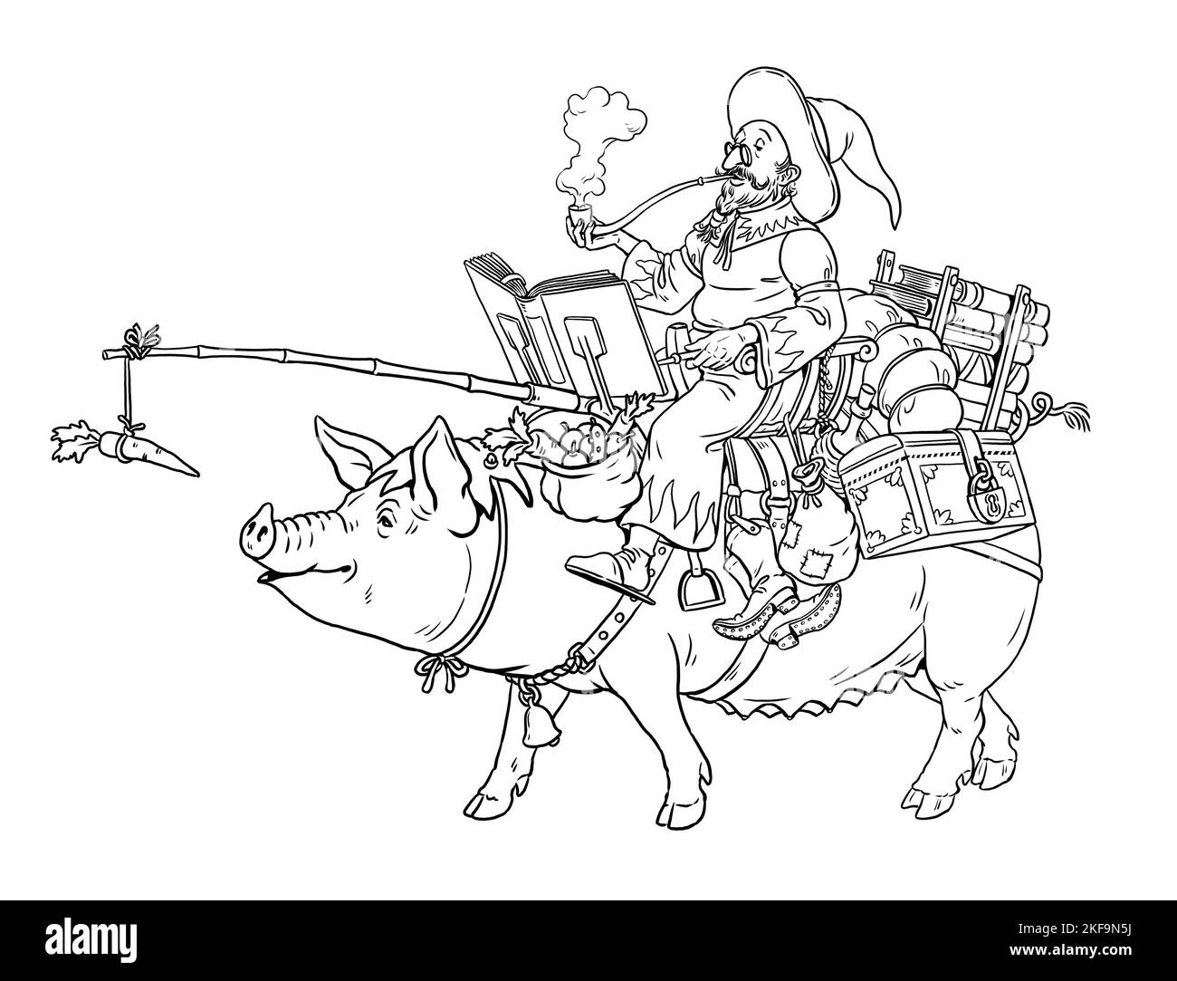 Good magician on the funny pig. Coloring page with the magician. Coloring template with wizard. Stock Photo