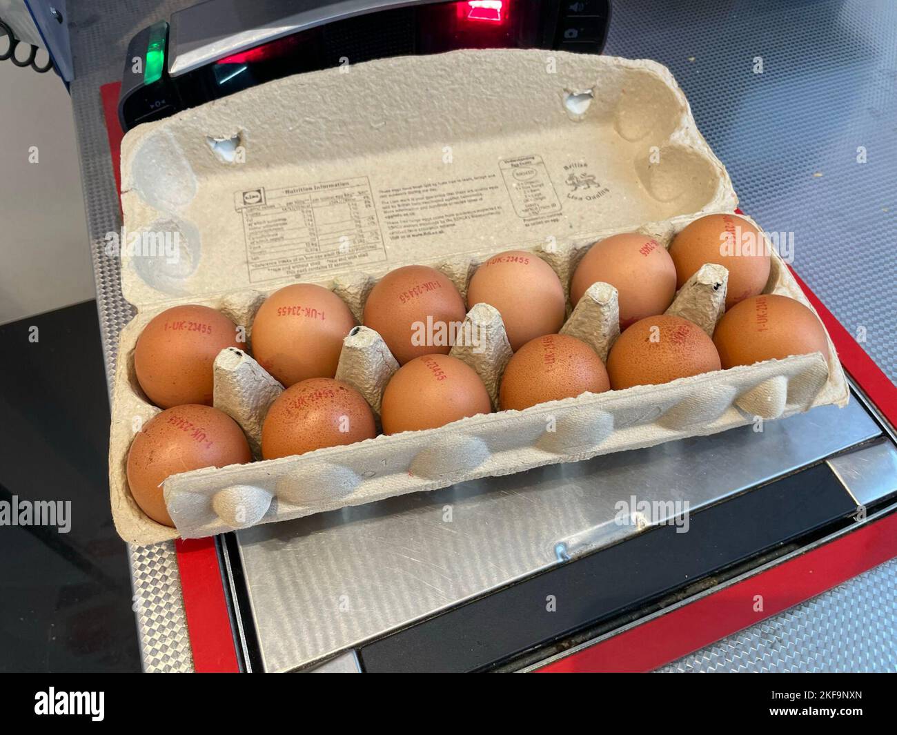 A carton of eggs in a Lidl store in Slough. Asda and Lidl are limiting the number of boxes of eggs customers can buy amid supply disruptions caused by rising costs and bird flu. Asda is limiting customers to two boxes of eggs each and Lidl is restricting customers in some stores to three boxes. Picture date: Thursday November 17, 2022. Stock Photo