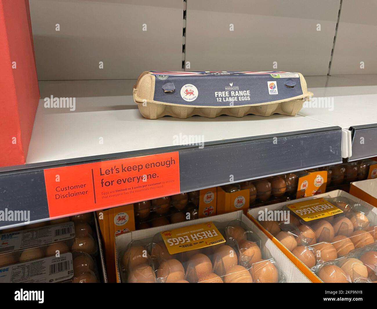 Signage for eggs on on the shelves in a Lidl store in Slough. Asda and Lidl are limiting the number of boxes of eggs customers can buy amid supply disruptions caused by rising costs and bird flu. Asda is limiting customers to two boxes of eggs each and Lidl is restricting customers in some stores to three boxes. Picture date: Thursday November 17, 2022. Stock Photo