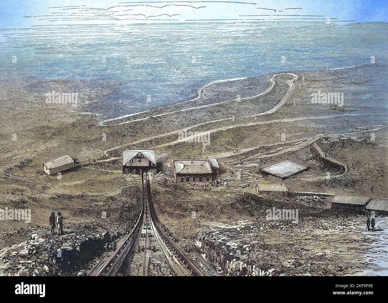 Die Drahtseilbahn auf den Krater des Vesuv, Kampanien. Blick von der Bahnmitte aus abwärts auf die Fahrstraße zwischen der unteren Station und dem Observatorium, 1882, Italien  /  The cable railroad up the crater of Vesuvius, Campania. View from the center of the railroad down the road between the lower station and the observatory, 1882, Italy, Historisch, historical, digital improved reproduction of an original from the 19th centu, genaues Originaldatum nicht bekannt Stock Photo