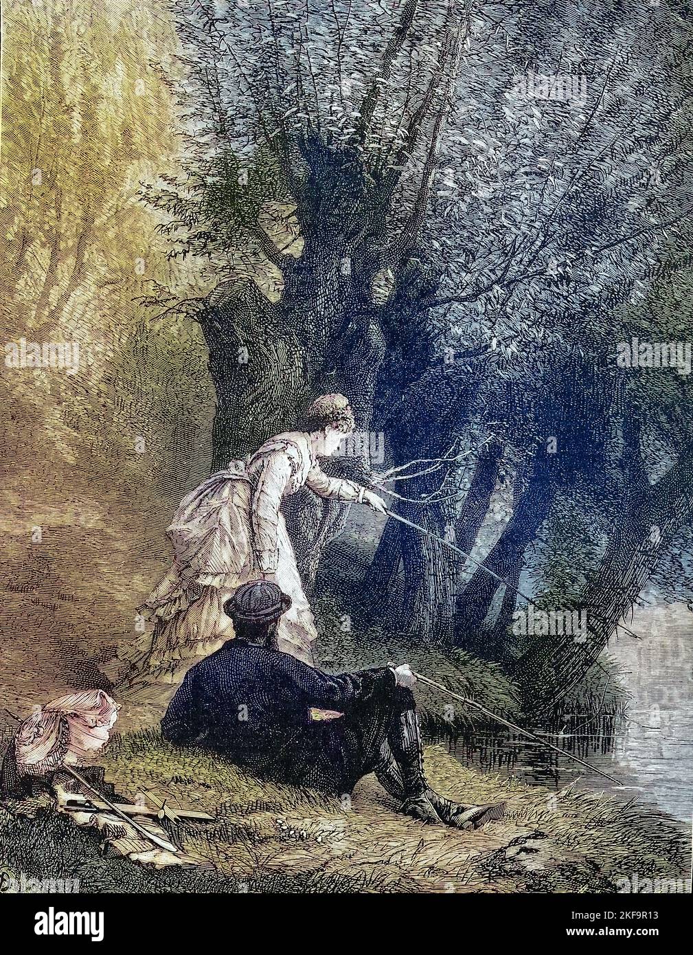 Junges Paar beim Angeln am See, 1880, Deutschland  /  Young couple fishing at the lake, 1880, Germany, Historisch, historical, digital improved reproduction of an original from the 19th centu, genaues Originaldatum nicht bekannt Stock Photo
