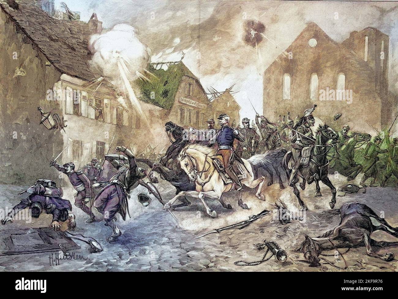 Die Flucht des Mac Mahon durch Fröschweiler am 6. August 1870 nach der Schlacht bei Wörth, Frankreich  /  The flight of Mac Mahon through Fröschweiler on August 6, 1870 after the battle of Wörth, France, Historisch, historical, digital improved reproduction of an original from the 19th centu, genaues Originaldatum nicht bekannt Stock Photo