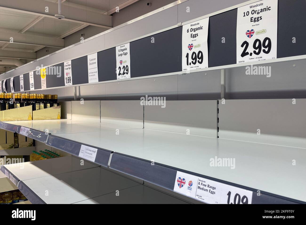 Empty egg shelves in a Lidl store in Loughborough, Leicestershire. Asda
