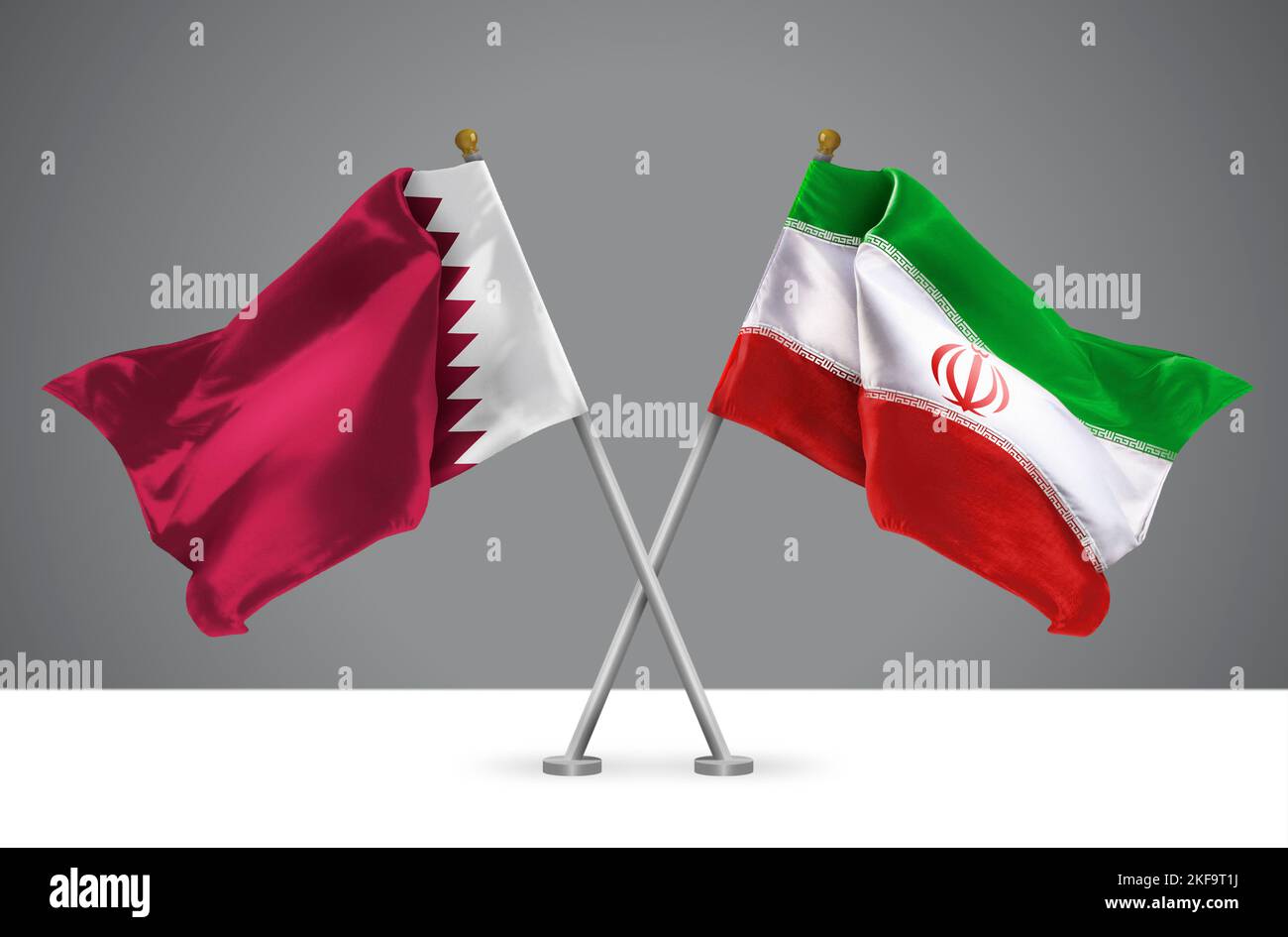 3D illustration of Two Wavy Crossed Flags of Iran and Qatar, Sign of