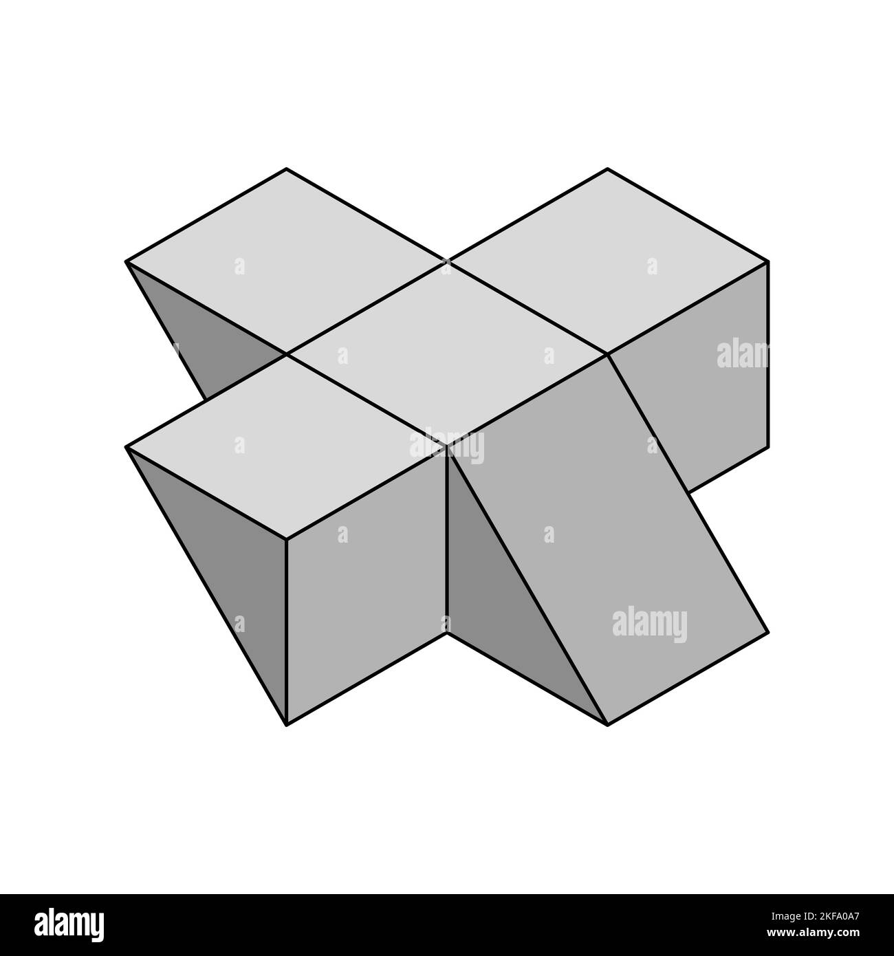 Cubical puzzle game concept. Folded elements make solution. Isometric object looks like a platform or slide. Gray 3D geometric shape made of cubes. Stock Vector