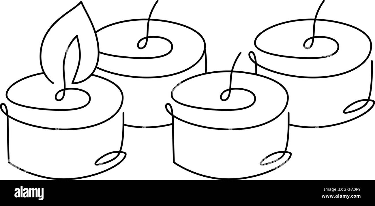 Hand drawn continuous one line four candles vector icon. Christmas advent first burning cundle to week. outline illustration for greeting card, web Stock Vector