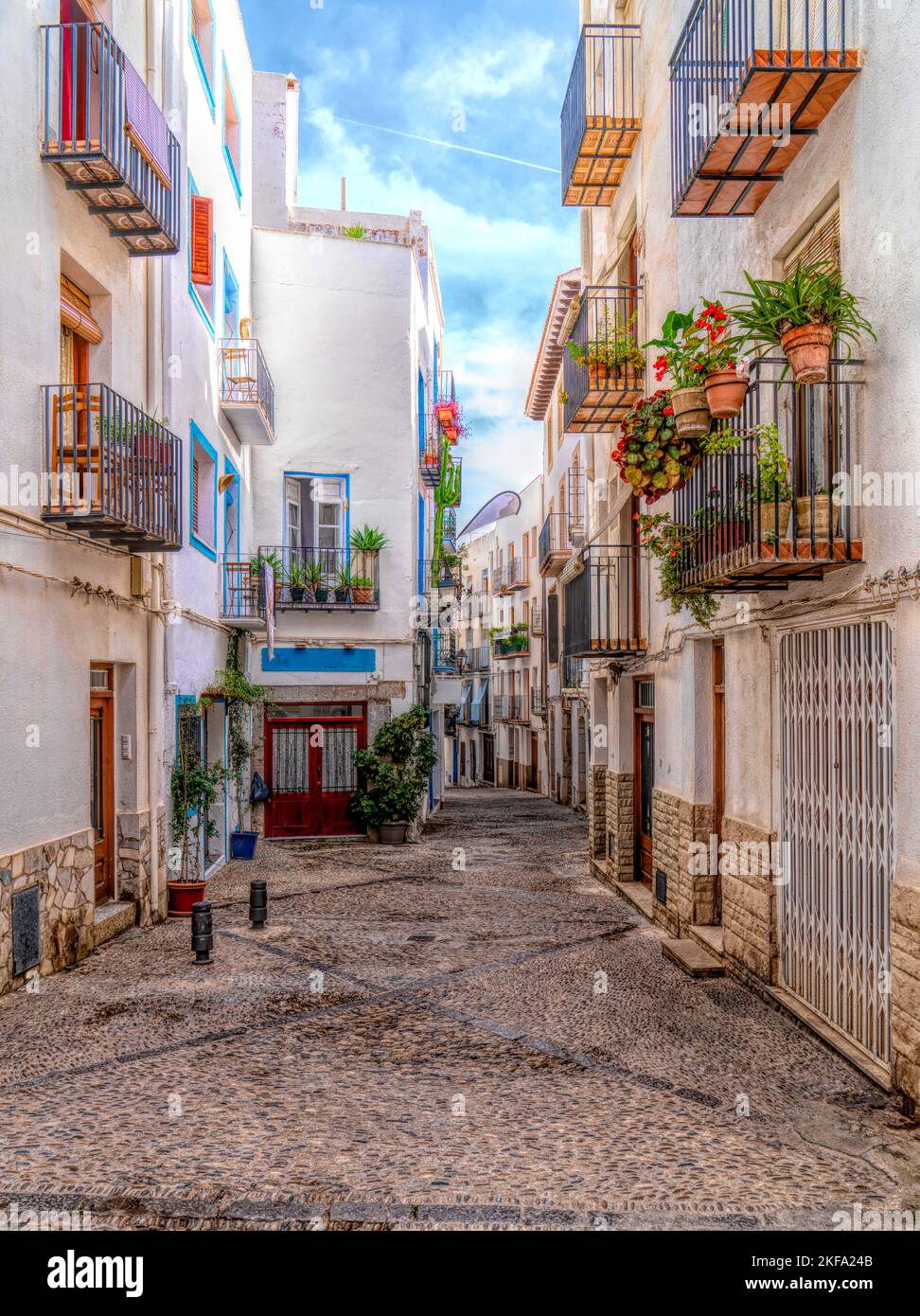 Peniscola old town within castle walls narrow streets and buildings Castellon province Costa del Azahar Spain Stock Photo