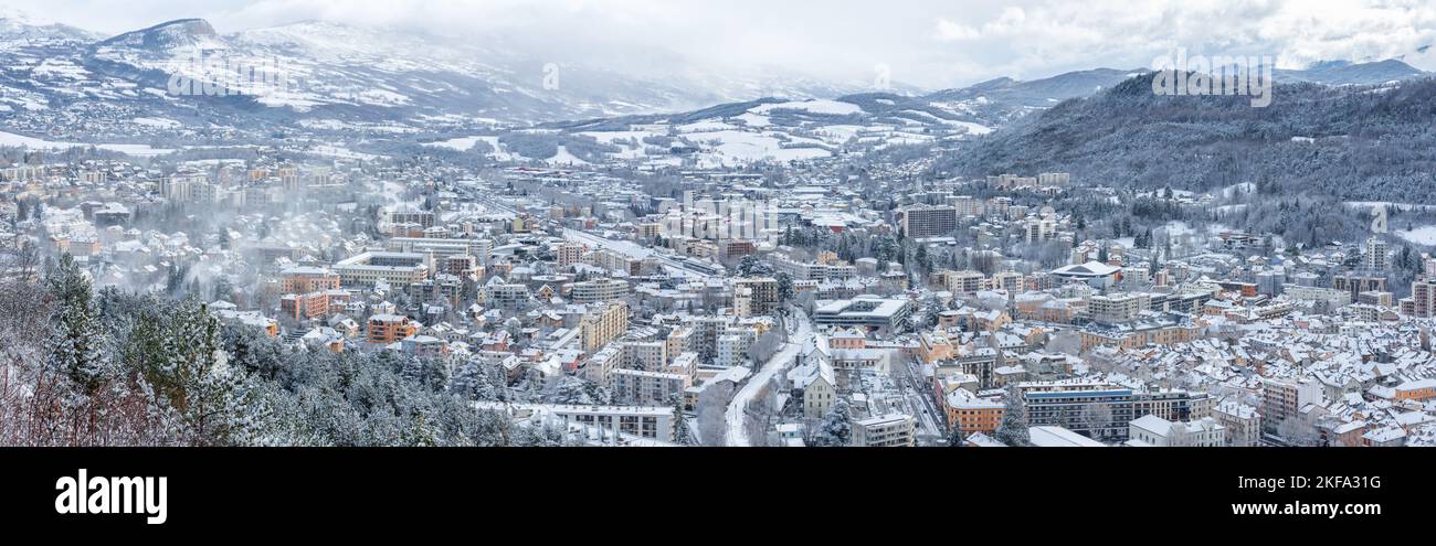 The city of Gap in the Hautes-Alpes covered in fresh snow. Winter in the Alps, France Stock Photo