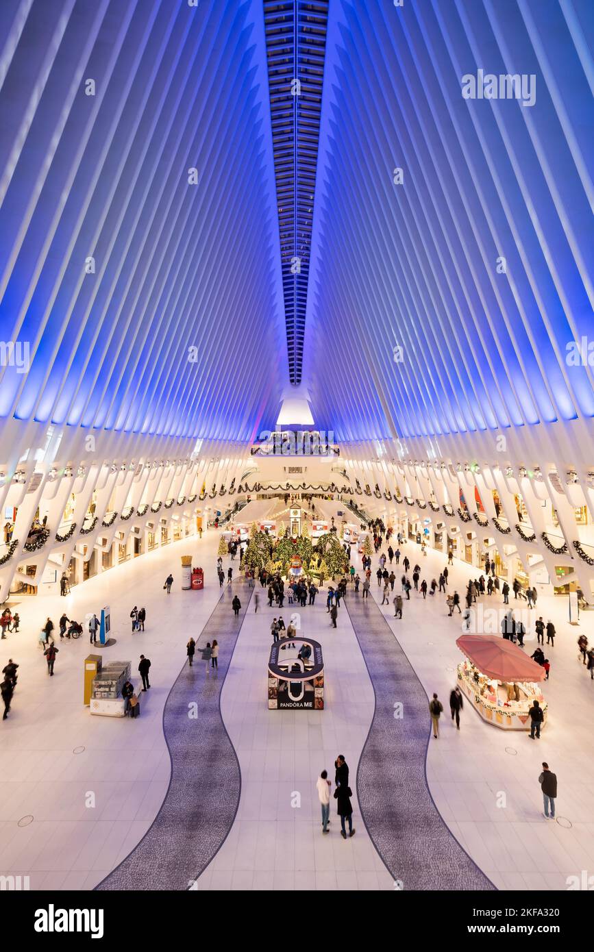 New York City Oculus interior at Westfield World Trade Center with Christmas decorations in winter. Financial District, Lower Manhattan Stock Photo
