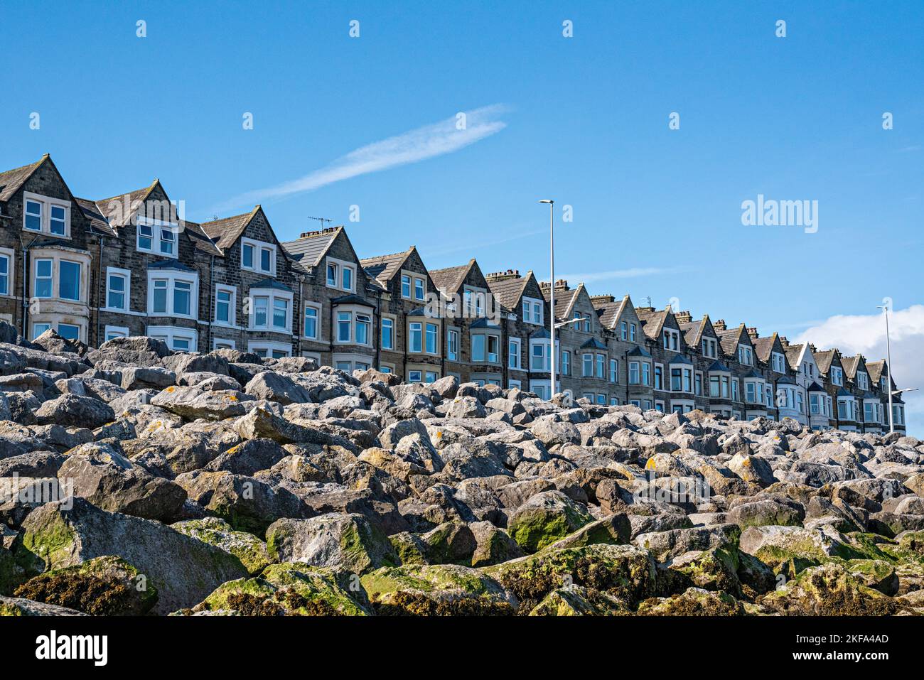 Long terrace of houses on seafront, Morecambe Bay, Lancashire, UK Stock